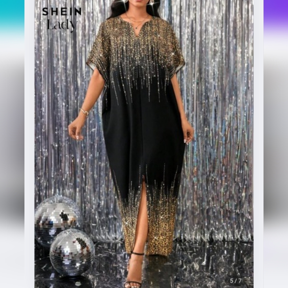 SHEIN Black Gold XL Maxi Dress Rhinestone Print 2790-AZ
